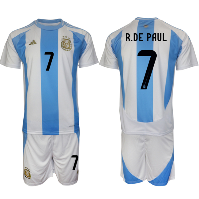 Men's Argentina #7 Rodrigo Javier De Paul White/Blue 2024-25 Home Soccer Jersey Suit